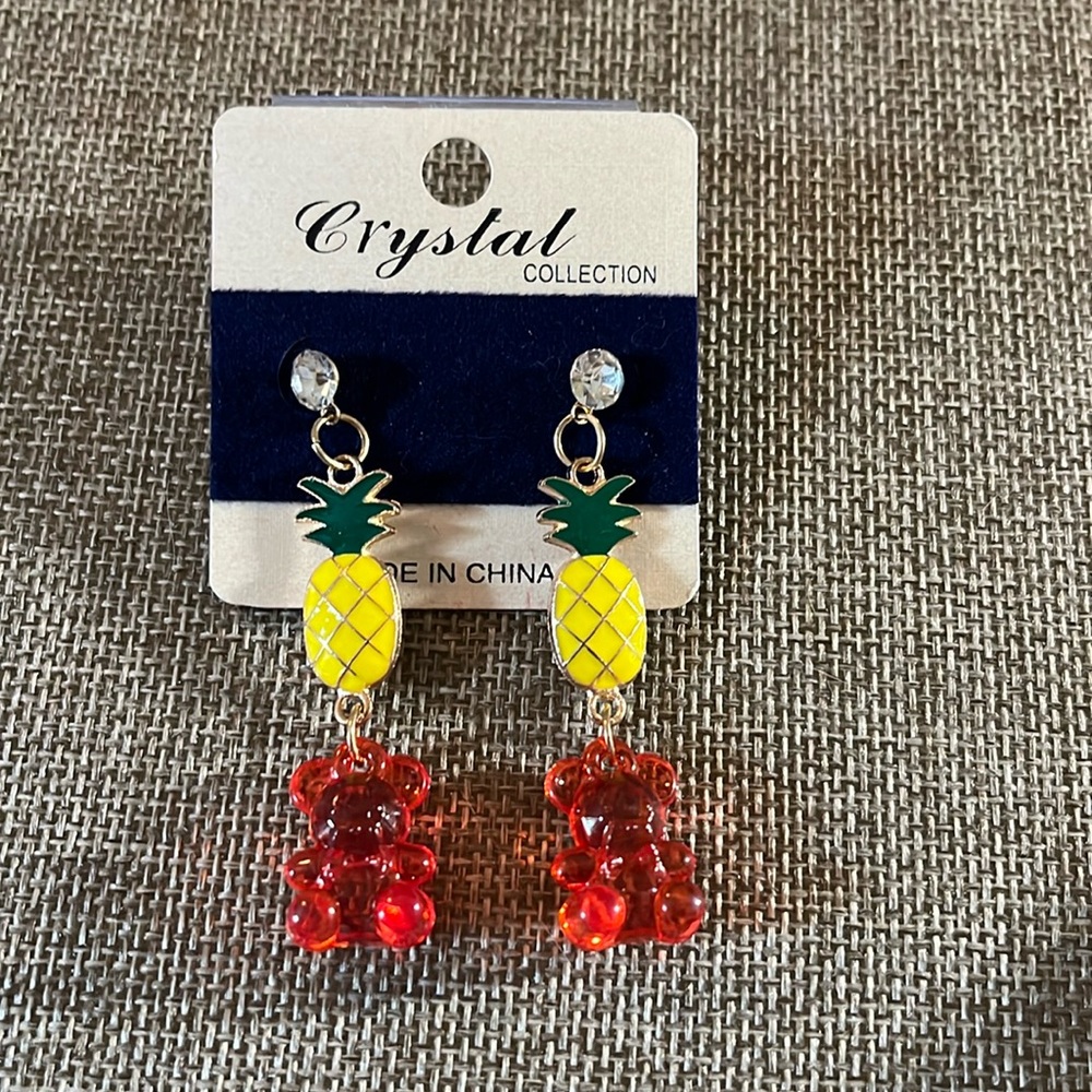 Rhinestone Stud Pierced Earrings with Dangly Pineapples & Bears, Oh My! NWT